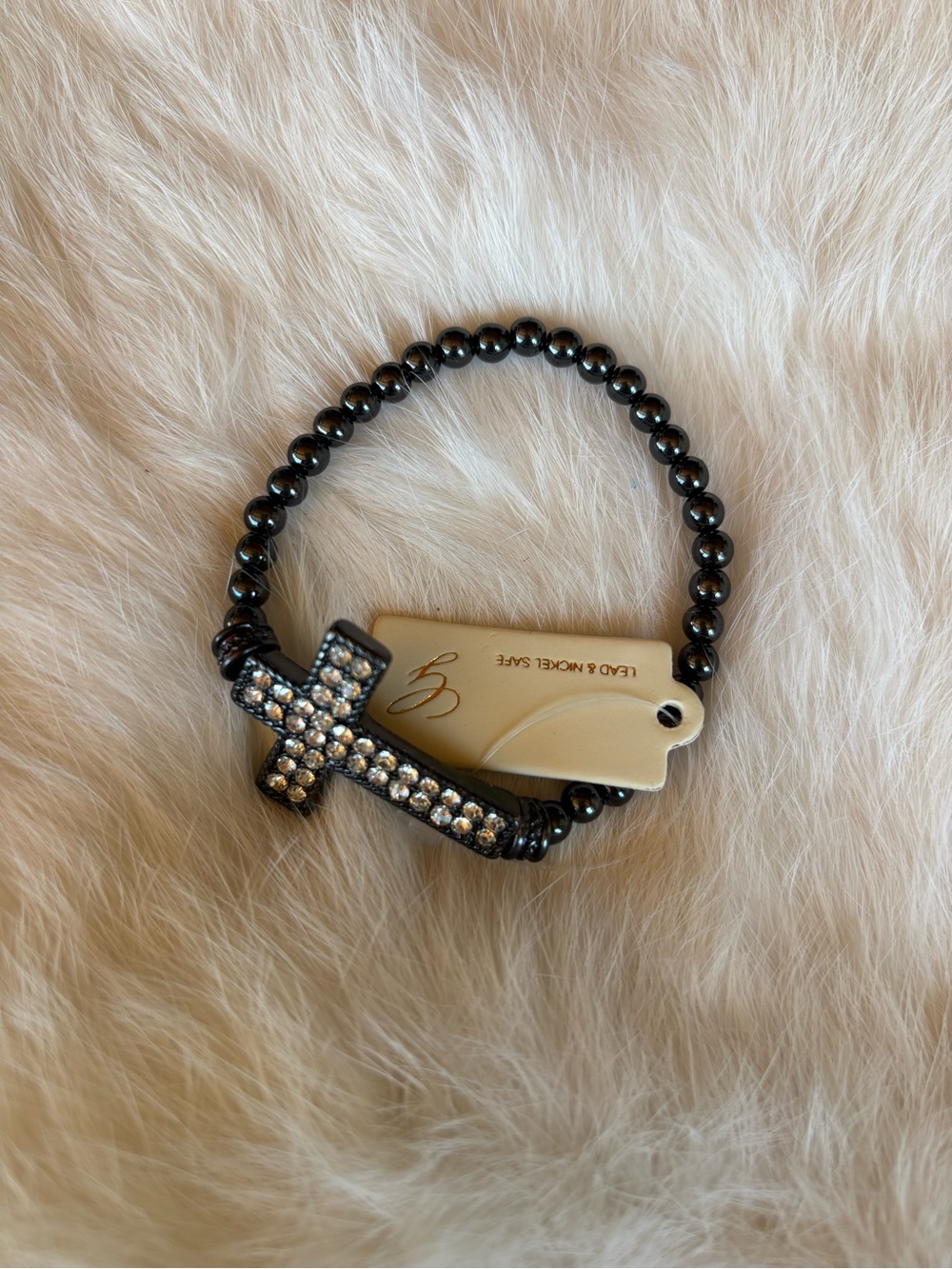 Beaded Cross Stretch Bracelet with Crystal Accents - Black